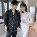 Ice Silk Couple Pajamas | Spring, Summer, Autumn Silk Long Sleeved Pants Set, Sweet Home Time--Checkered Blue Style_voghion.com