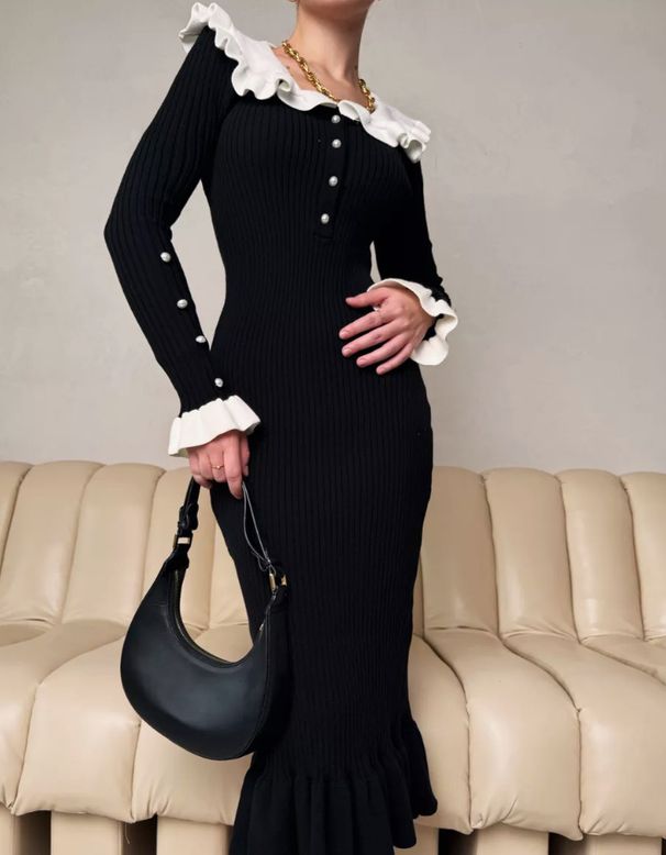Abito in maglia di ispirazione francese con scollo a balze – Abito midi in rayon a vita alta da donna per autunno e inverno (S-XL, manica lunga con bottoni,_voghion.com
