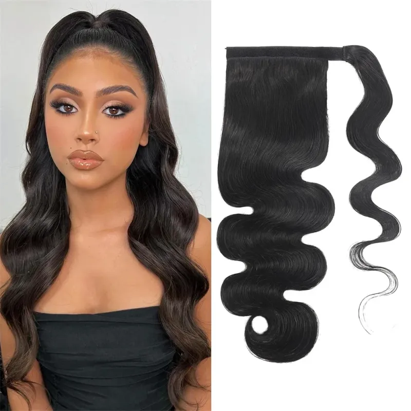 Straight Ponytail Extension Natural Black Clip in 100% Human Hair Piece For Women_voghion.com