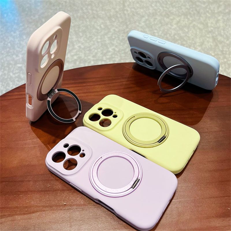Metal Ring Stand Holder Liquid Silicone Magnetic Phone Case For Iphone 15 14 Plus 16 Pro Max Bracket Cover Funda_voghion.com