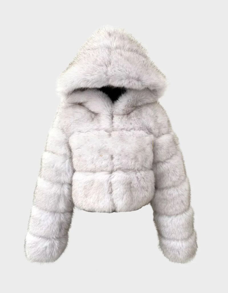 Cappotto in pelliccia sintetica da donna con finiture in pelliccia di volpe, giacca corta con cappuccio, manica lunga, capospalla alla moda per donna_voghion.com