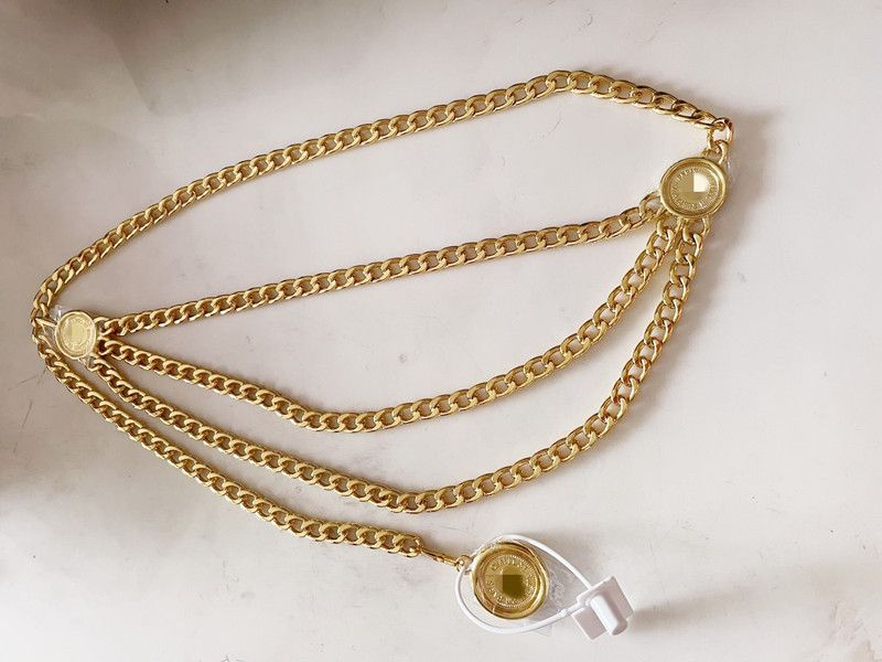 Verstellbarer, vergoldeter Vintage-Gürtel mit dreilagiger Leder-Taillenschlosskette, High-End-Kleid, rundes Anhänger-Accessoire_voghion.com