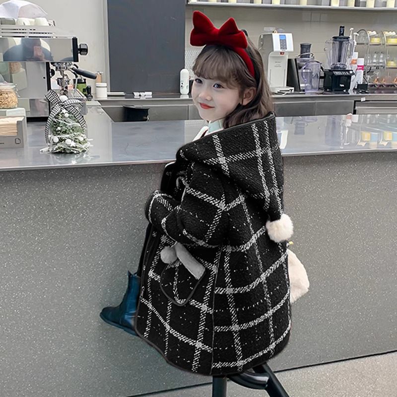 Kinder Karierter Wollmantel – Warme Winterjacke für Mädchen (Schwarz, 3-8 Jahre, 100-140cm)_voghion.com