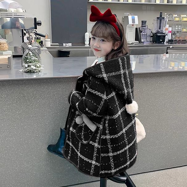 Kinder Karierter Wollmantel – Warme Winterjacke für Mädchen (Schwarz, 3-8 Jahre, 100-140cm)_voghion.com