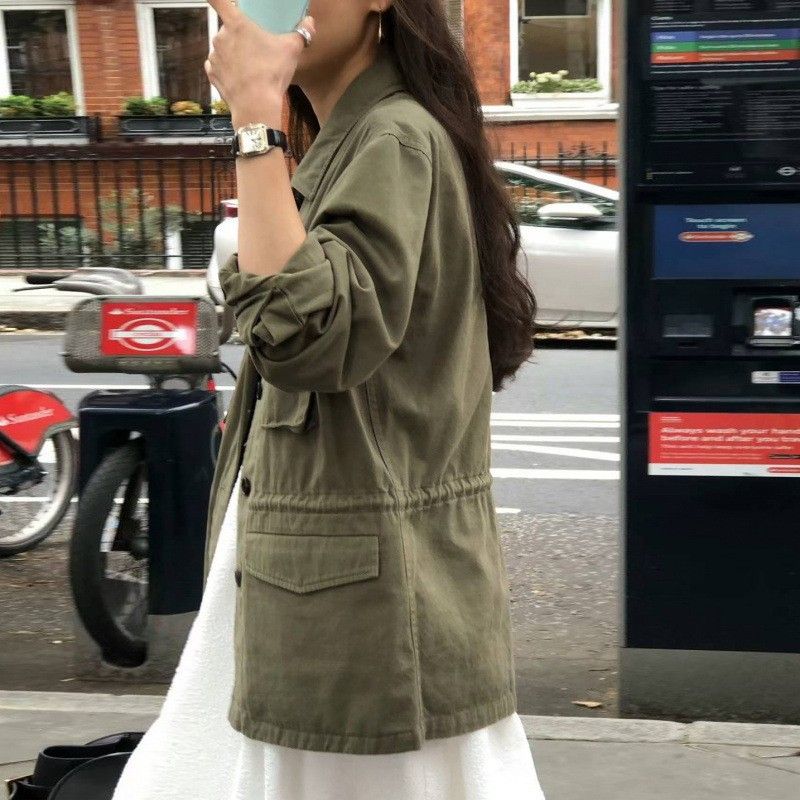 Korea INS Blogger Stil Frech Vitage Arbeitskleidung Kordelzug Einfarbig Taille Ciched Casual Widbreaker Jacke Für_voghion.com