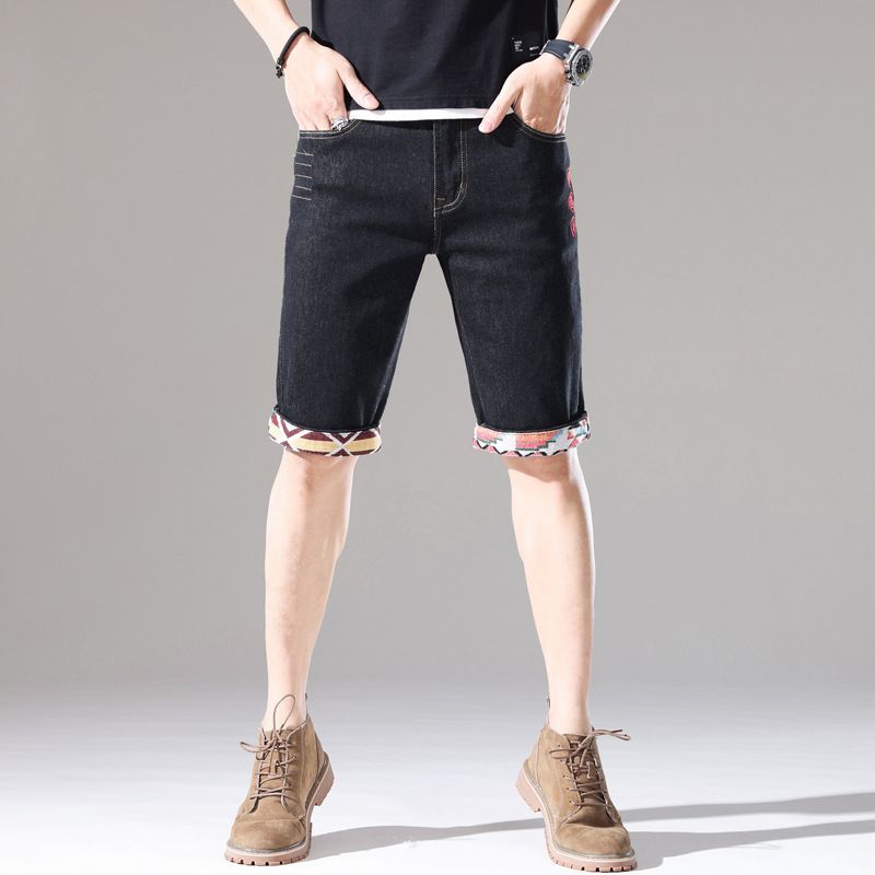 Men's summer new embroidered hole men's black denim shorts style trendy mid-waist five-quarter pants for men_voghion.com
