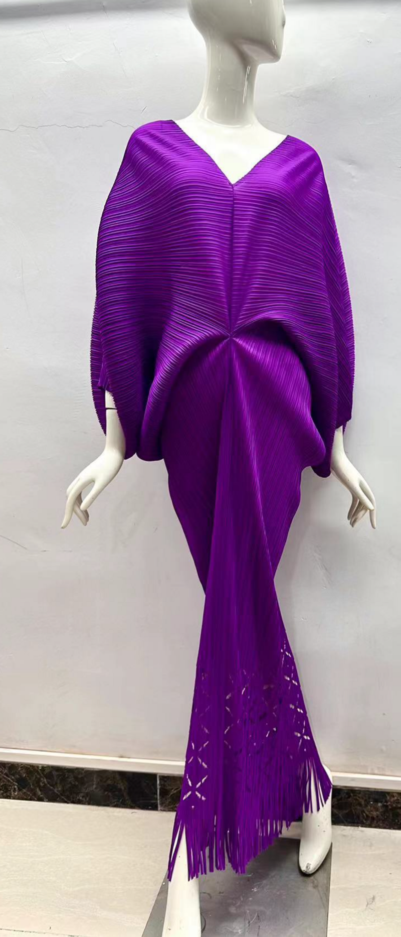 Women's Clothing pleated fashion loose bat sleeves v neck slim fishtail tassel hollow long skirt dress temperament laser_voghion.com