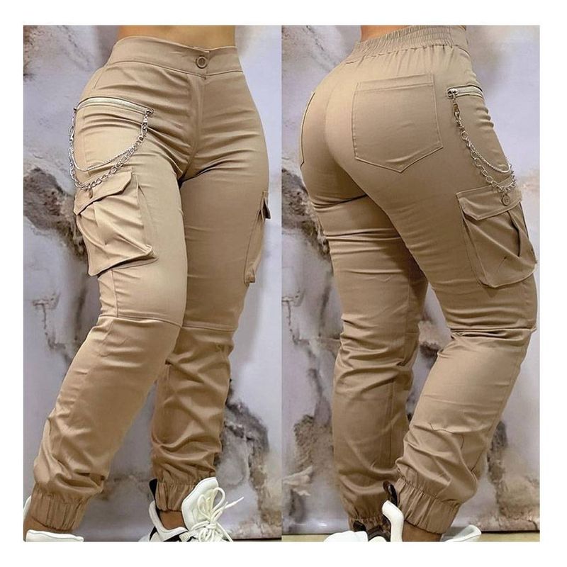 Pantalon taille haute à revers et poches plaquées pour femme, style décontracté, vert armée_voghion.com