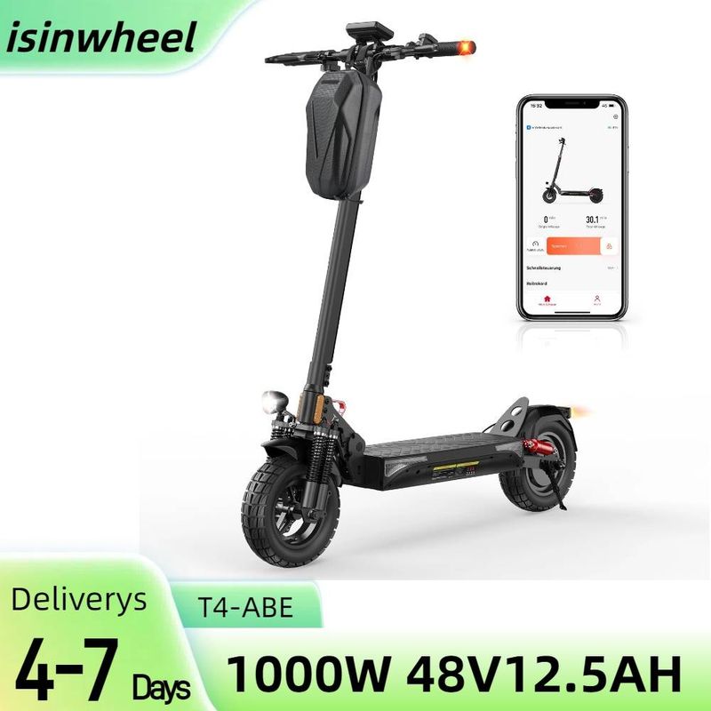 isinwheel T4 elektrische scooter met ABE-certificering, 1000W 48V 12,5Ah-accu, 10-inch offroad-scooter voor volwassenen met app-bediening_voghion.com