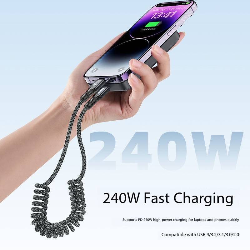 Pełnofunkcyjny kabel do transmisji danych do telefonu Apple, laptopa, szybkiego ładowania, USB 4.0, samochodowy, pleciony kabel sprężynowy, transmisja 40 Gb/s, wysoka prędkość 8k_voghion.com