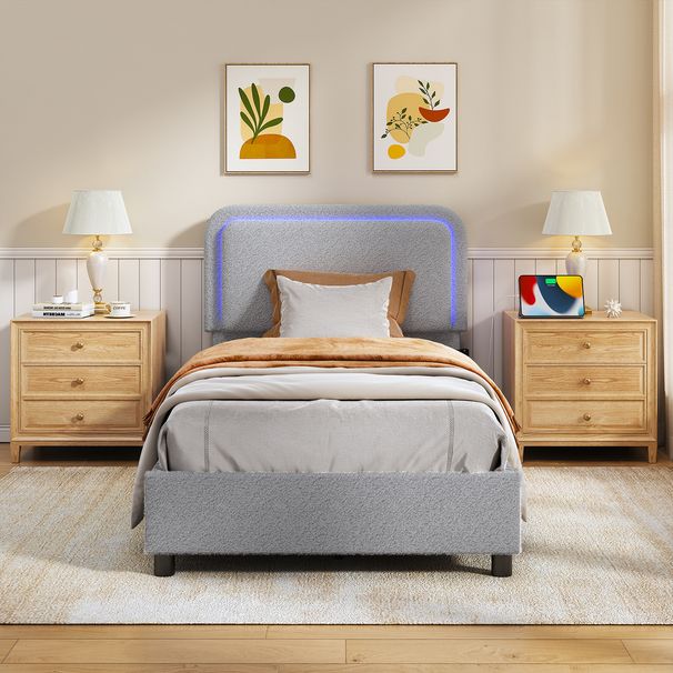 Boucle Bed Frame, Adjustable Rounded Corners Headboard With LED Lights, Upholstered Teddy Fabric Bed Frame With Charging Station_voghion.com