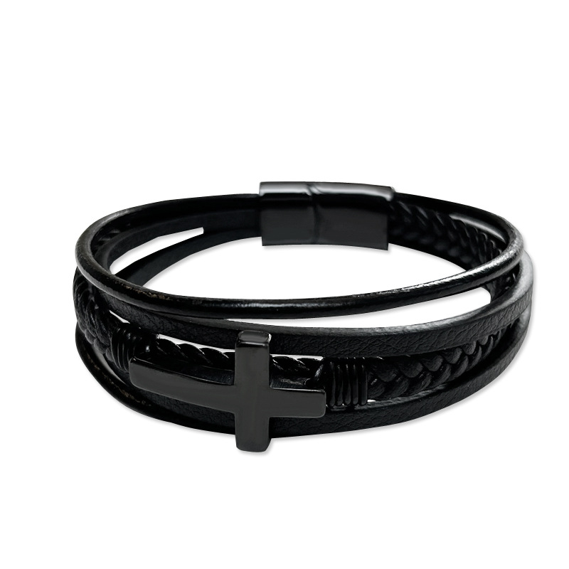Bracciale in pelle con croce laccata nera, multistrato, per uomo, gioielli di moda_voghion.com