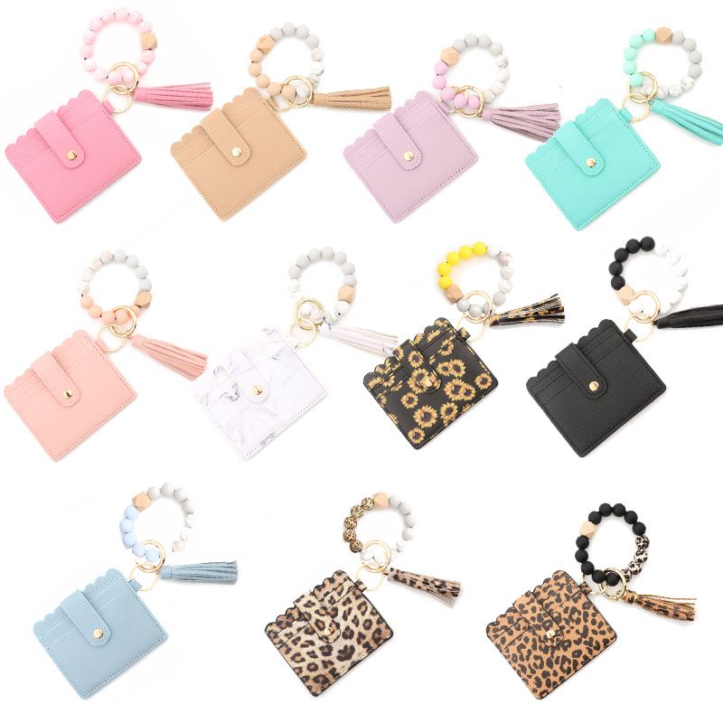 Silikonperlenarmband Kartenhalter Leopardenmuster Silikonperlenarmband PU-Quaste Damengeldbörse Lederquaste Schlüsselanhänger Grenzüberschreitend_voghion.com