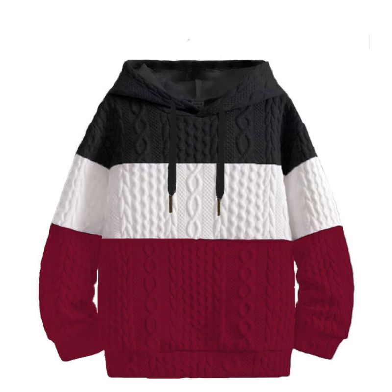 Oberteile im Kleidungsstil für Herren, farblich passender, lockerer Jacquardpullover für Jugendliche, schlichter, lässiger Strickpullover mit Kapuze_voghion.com