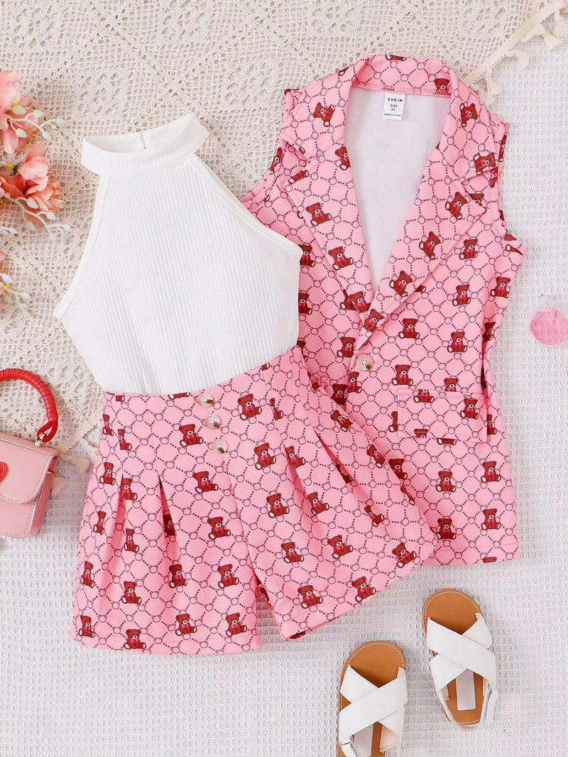 Roupas de bebê roupas infantis para meninas primavera verão presbyyard impressão sem mangas lapela terno halter colete shorts conjunto_voghion.com