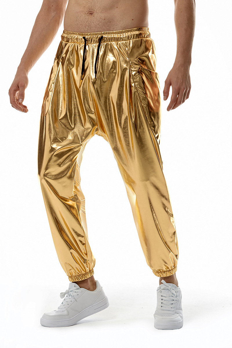 Metallic glänsande jogging disco party elastiska byxor K55_voghion.com