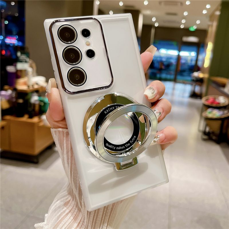 with Mirror Magnetic Phone Stand for Samsung S24 Ultra Transparent Gliiter Sticker Case Soft Cover S22 S23 Plus_voghion.com