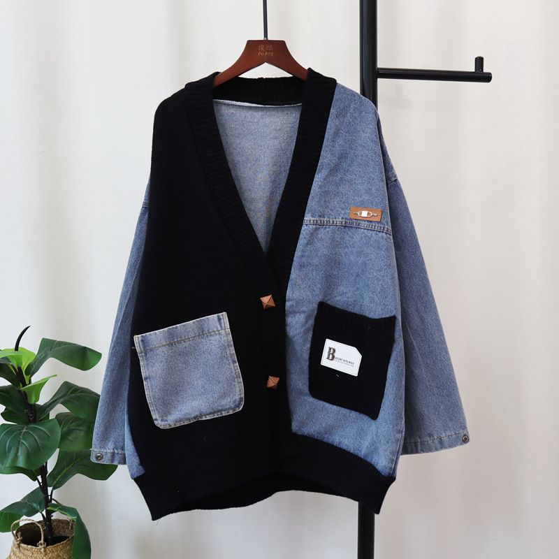 Women's Clothing loose lazy style denim splicing design knitted cardigan women's sweater jacket_voghion.com