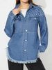 Women's Clothing Distressed Denim Jacket With Beaded Embellishments - Oversized Fit, Long Sleeve, Casual Streetwear For Women (Light Blue, Dark Blue)_voghion.com