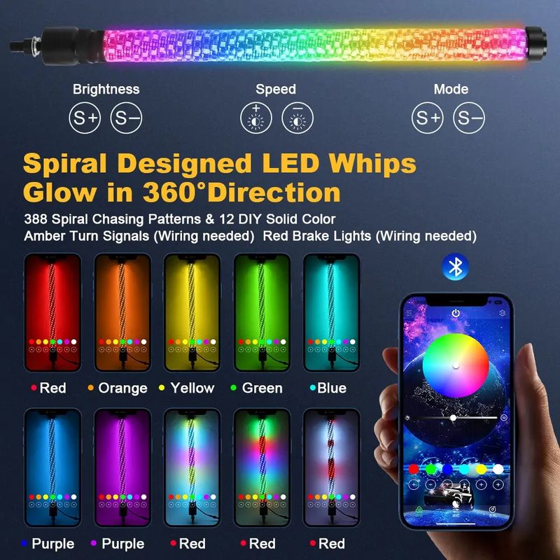 Luzes LED RGB espirais de chicote, aplicativo Bluetooth e controle remoto para caminhões, picapes, UTVs, ATVs, RZRs, Sand Rail, motocicletas_voghion.com