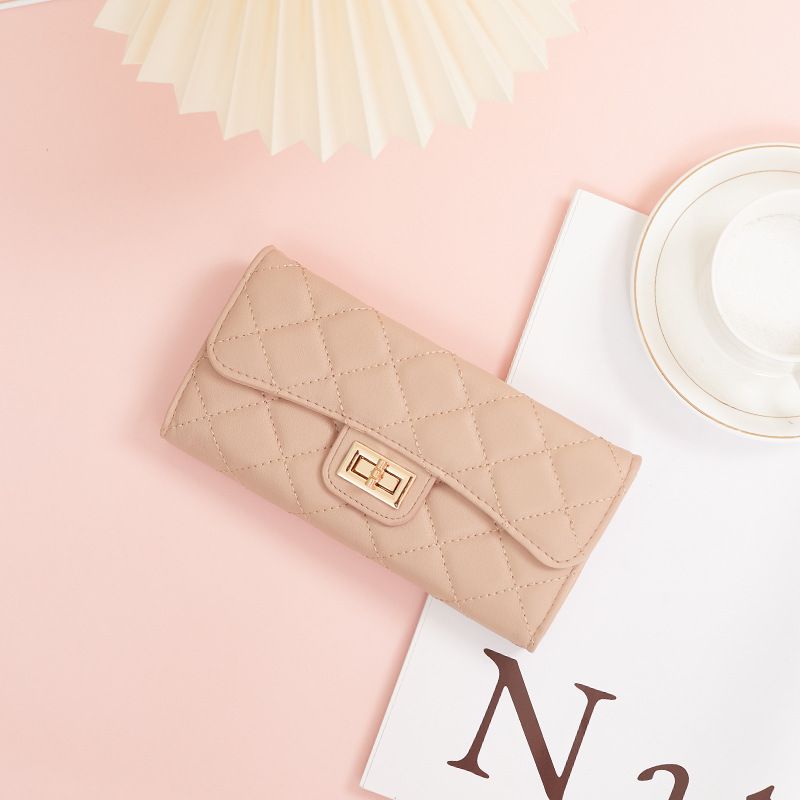 Rautenförmige Damen-Geldbörse, lang, dreifach gefaltet, Clutch aus PU-Leder, große Kapazität, Münzbörse, einfacher Kartenhalter_voghion.com