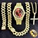 FENSIR Orologio al quarzo con diamanti e set di gioielli con catena a maglie cubane e ciondolo a croce - Accessori moda da 5 pezzi per uomo e donna_voghion.com