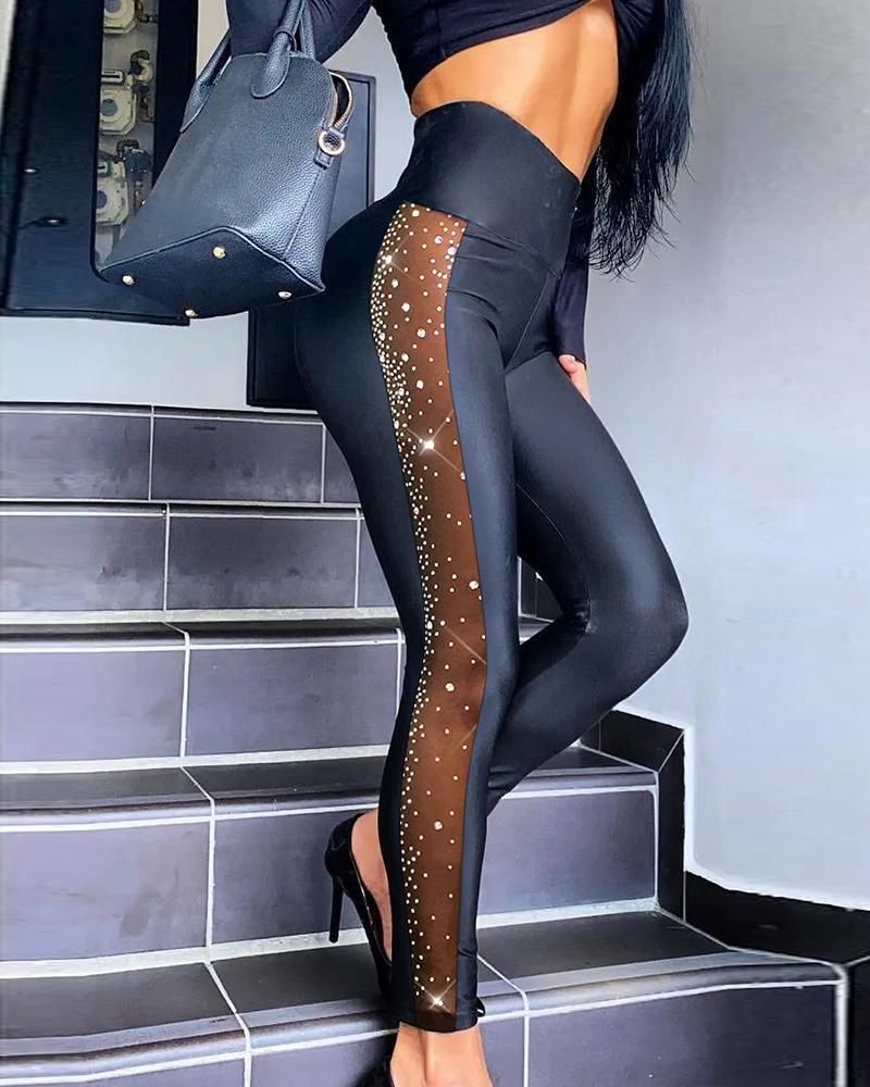 Women's Clothing Hot rhinestone mesh patchwork tight trousers_voghion.com
