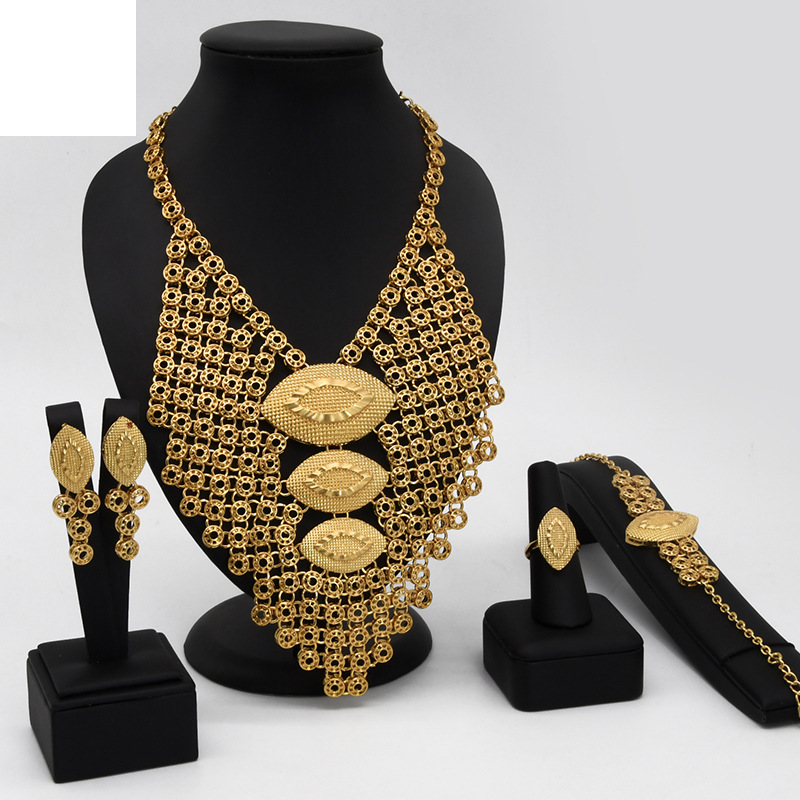 Dubai vergoldetes Brautschmuckset Nigerianische Halskette, Ohrringe, Ring, Armband, vierteiliges Set auf Lager_voghion.com
