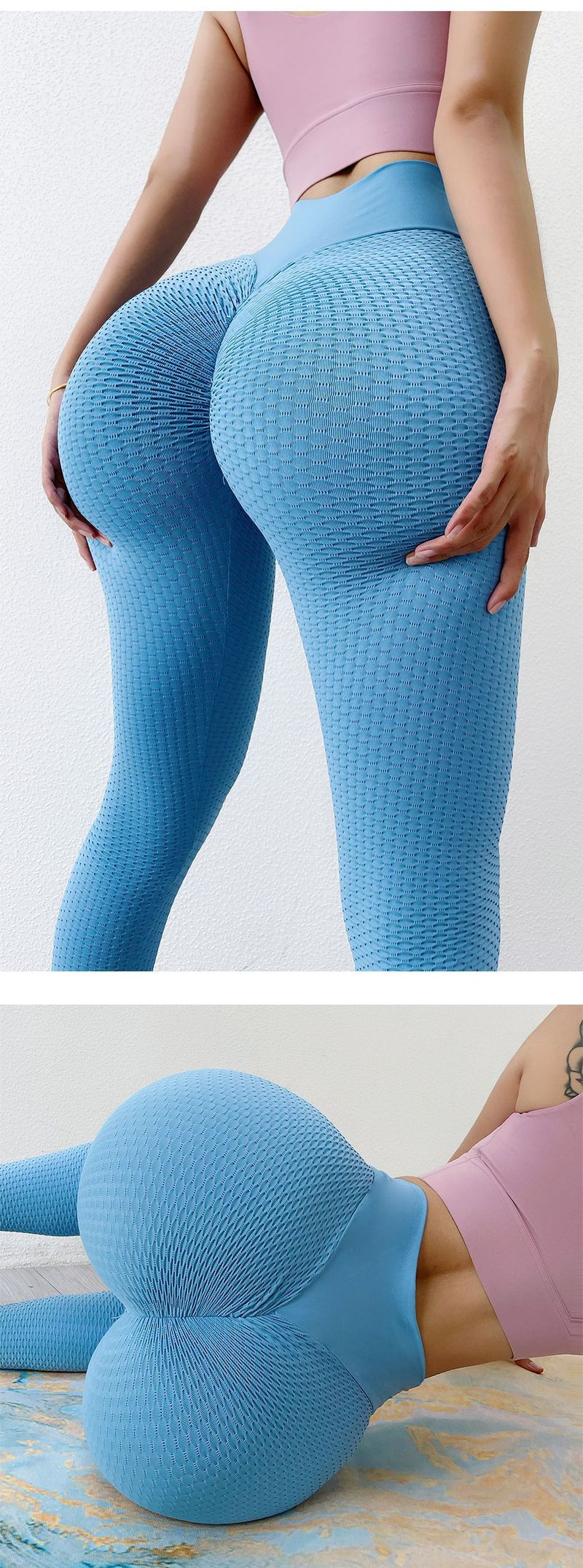 Nahtlose, einfarbige Waben-Yogahose für Damen, pfirsichfarbener Po, sexy Gesäßhose, freizügige Gesäßhose, schnelltrocknende Sport-Fitnesshose_voghion.com