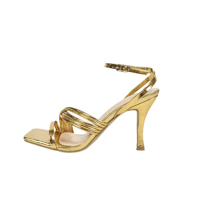Damenschuhe, Sandalen mit Absatz, quadratischem Kopf und Stilettos in Gold, Ein-Wort-Schnalle, vielseitige, einfache und elegante Schuhe mit offenen Zehen und hohen Absätzen, goldene Schuhe_voghion.com
