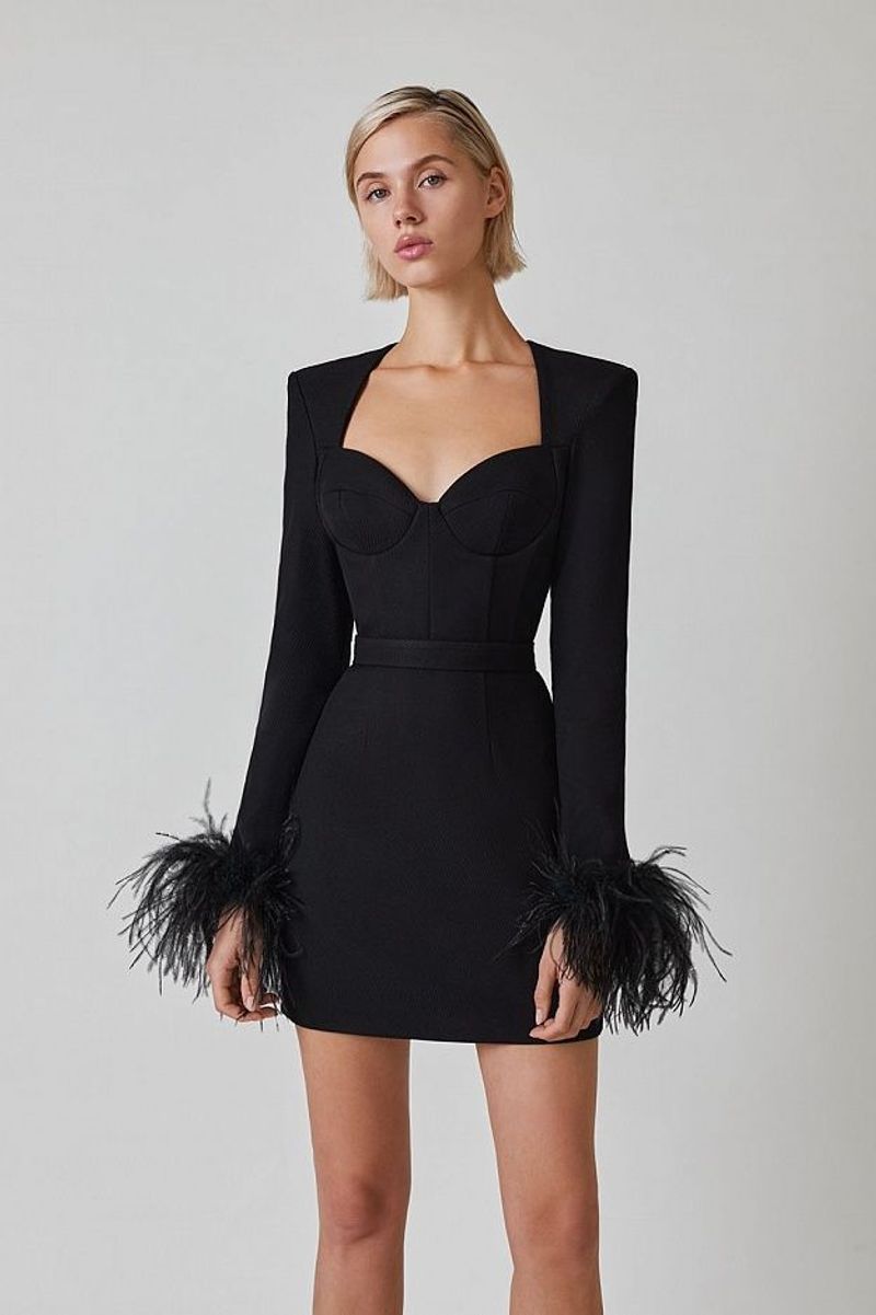 Falda del vestido del vendaje de las mujeres del vestido de manga larga de la pluma de avestruz de la moda_voghion.com