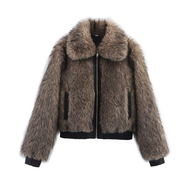 Faux Fur Collar Bomber Jacket, Streetwear Chic, Winter-Ready, Polyester Blend, Long Sleeve, Stand Collar, S/M/L/XL, Trendy Outerwear For Women_voghion.com