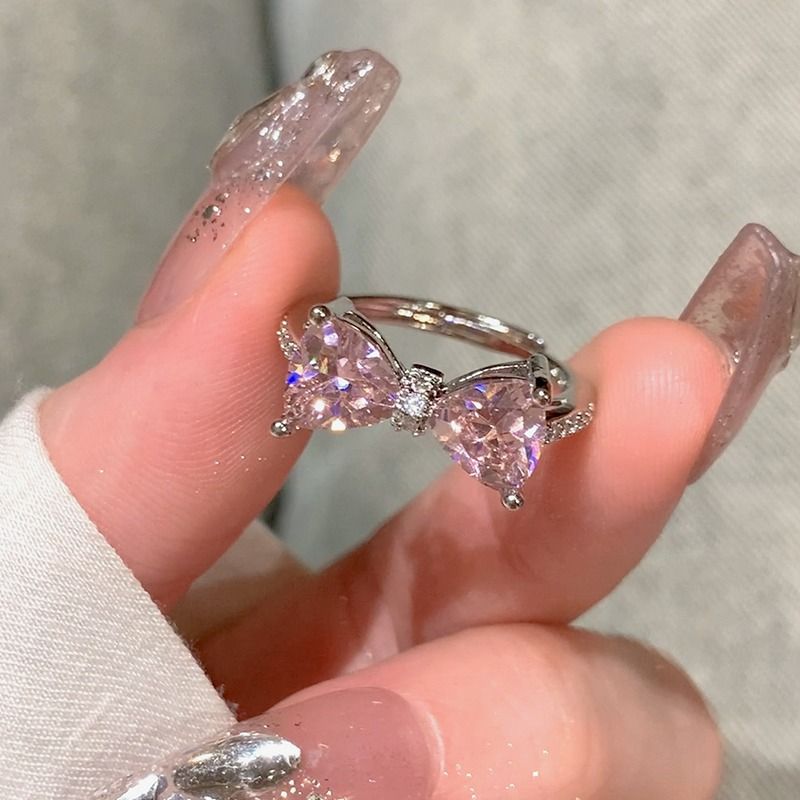 Pink diamond bow ring female niche design zircon plain ring open index finger ring 2023 new style trend_voghion.com