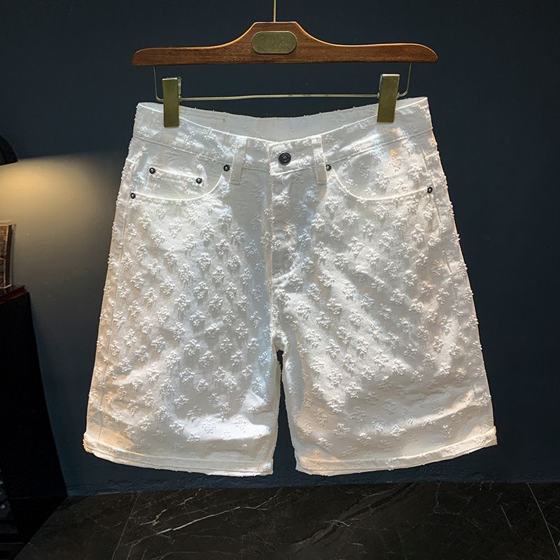 Pantaloncini larghi da uomo, taglie forti, estivi, alla moda, con fiori e ganci, in denim bianco, di alta qualità, lavati, sottili e versatili._voghion.com