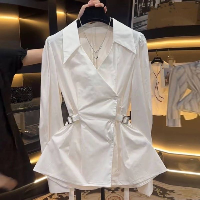 Women's Clothing High Grade V Neck Tie Waist White Shirt Chic Slim Long Sleeved Top_voghion.com