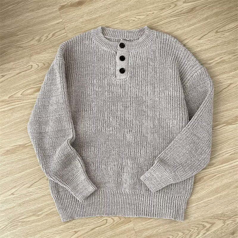 Men's Chunky Knit Sweater – Button-Detail Oversized Pullover In Soft Cotton (M-3XL, Classic Grey)_voghion.com