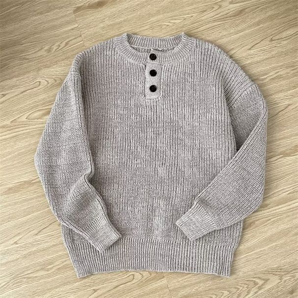 Men's Chunky Knit Sweater – Button-Detail Oversized Pullover In Soft Cotton (M-3XL, Classic Grey)_voghion.com