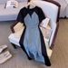 Women's Clothing High-grade cool style contrast color denim patchwork dress summer women's clothing unique and beautiful waist mid-length skirt trendy_voghion.com