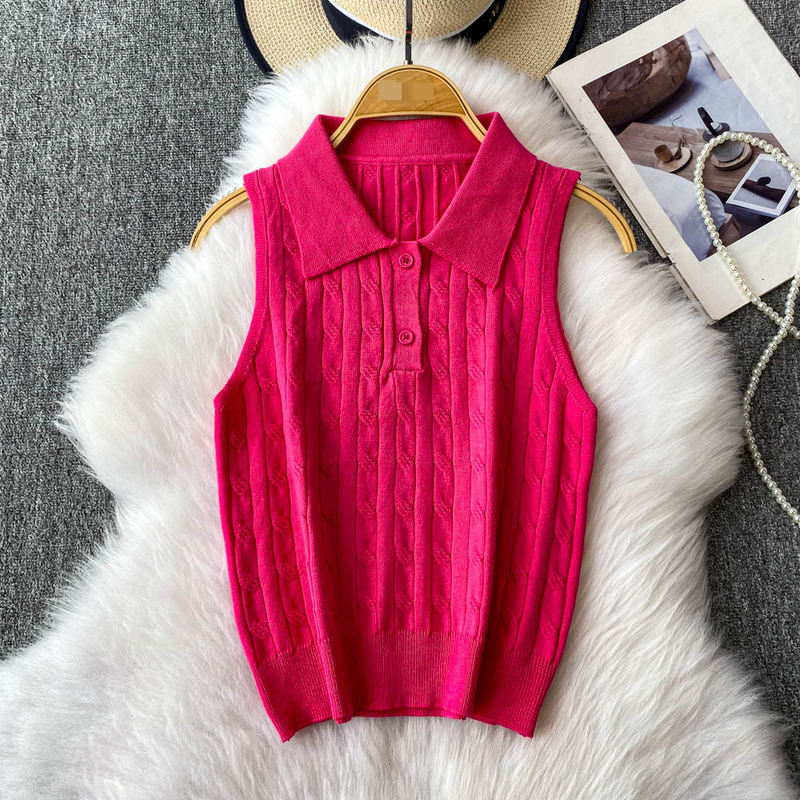 Ženska oblačila, pleteni brezrokavnik Twisted POLO ovratnik brez rokavov, oprijet kroj, dva gumba, casual top_voghion.com