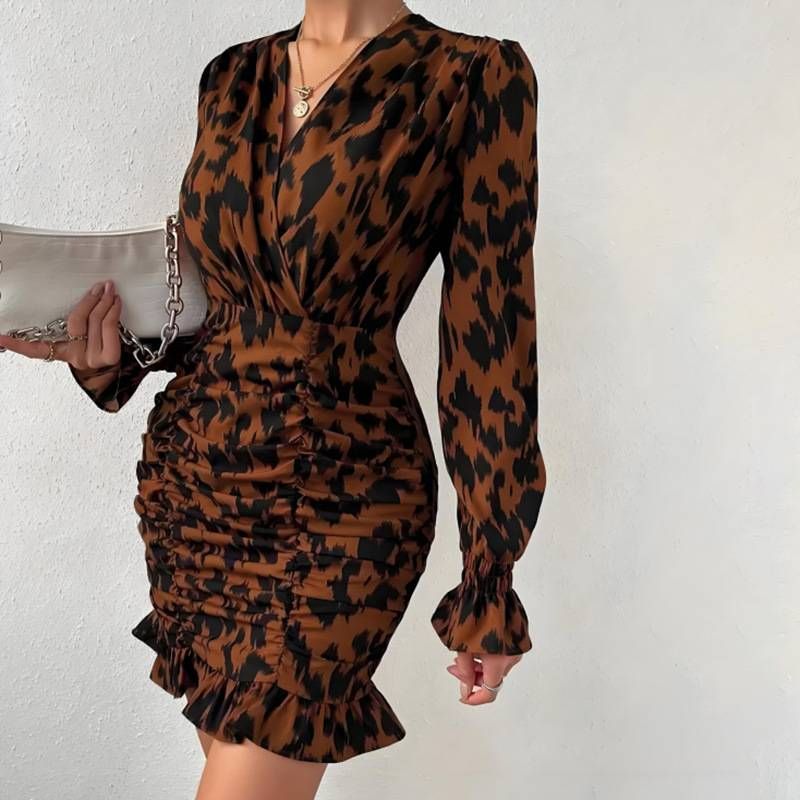 Sexy Leopard Print Bodycon Dress - V-Neck Sleeve Ruffle Sleeves, Stretchy & Figure-Hugging (Black/Brown/Green) S-XL, Party & Night Out Essential_voghion.com