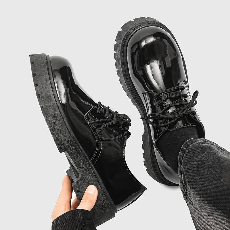 Men's Classic Black Derby Shoes - Round Toe Business Casual Low Top Shoes With Thick Sole & Height Increase_voghion.com