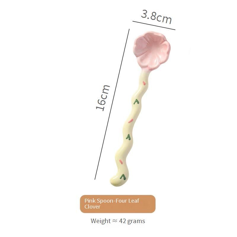Cute Four-Leaf Clover Ceramic Spoon - Pastel Long Handle Dessert Spoon For Coffee, Ice Cream, Milk Tea Food Safe & Gift-Ready_voghion.com