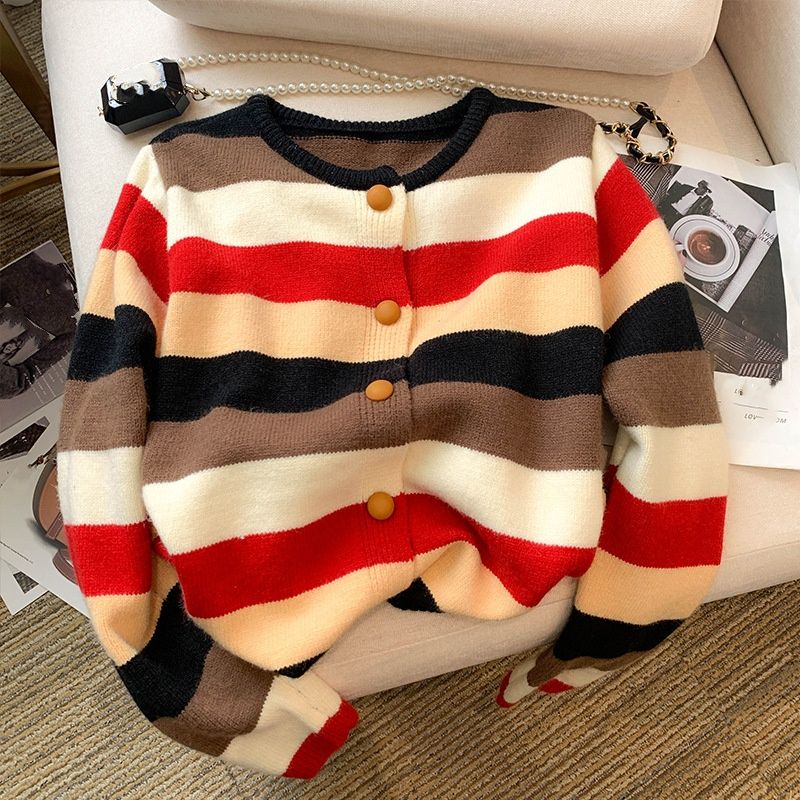 Rainbow Striped Knit Cardigan – Oversized Chunky Sweater (Green/Black) | Soft & Stylish Pullover With Colorful Accents_voghion.com