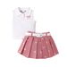 Kids’ Clothing Summer Girls Suit Stand Collar Sleeveless Top Printed Bow Pleated Skirt With Belt_voghion.com