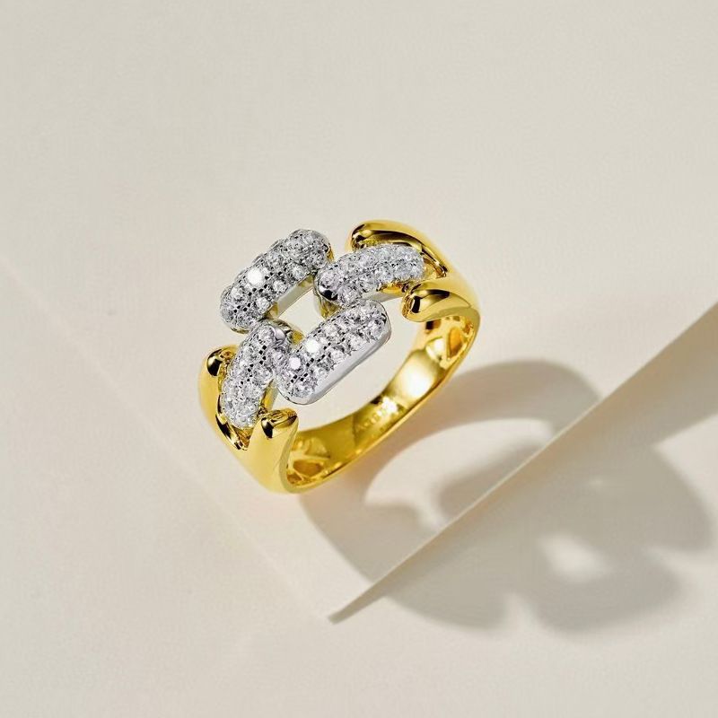 Cuban Row Diamond für Damen S Silber vergoldete Kette Nischendesign Pavé-Zeigefingerring Leichter Luxus_voghion.com