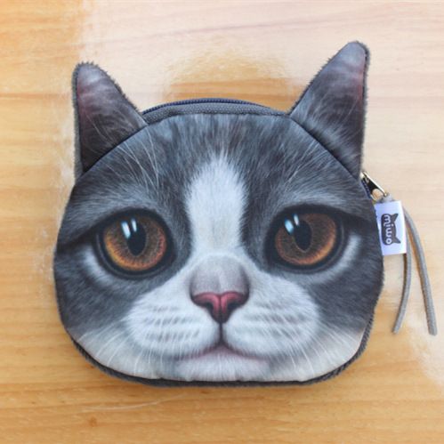 New Folded Ear Gray Short Hair Cat Meow Star Coin Purse 3D Animal Head Cute Pet Style_voghion.com