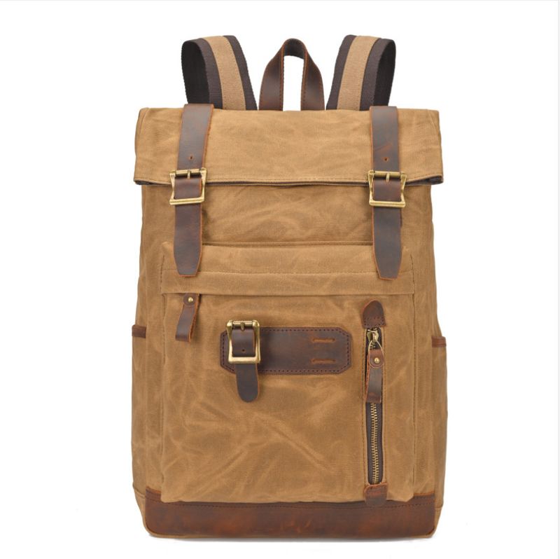 LazyZoom Verschlüsselter Ölwachs-Canvas Herren-wasserdichter Laptop-Wanderrucksack_voghion.com
