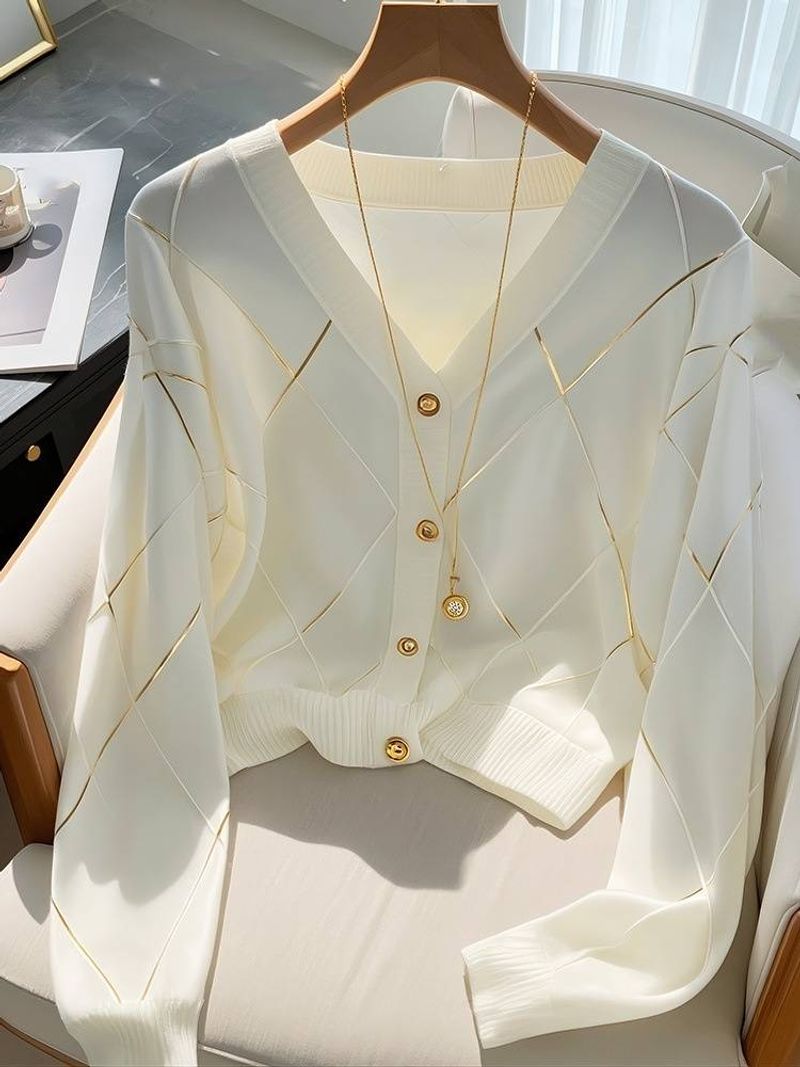 Abbigliamento da donna Cardigan bianco lavorato a maglia chic per le donne Inizio autunno Elegante di alta qualità Top a quadri a rombi Giacca a maniche lunghe_voghion.com