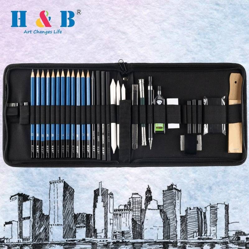 H&B 35-Piece Professional Sketch Pencil Set For Drawing, Art Supplies With Nylon Zipper Case, Ideal For Artists & Students​_voghion.com