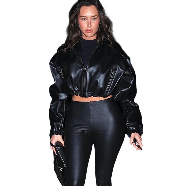 Veste courte zippée à capuche en similicuir pour femme - Style motard chic et streetwear, manches longues, coupe slim et bordure côtelée (noir, XS-L)_voghion.com